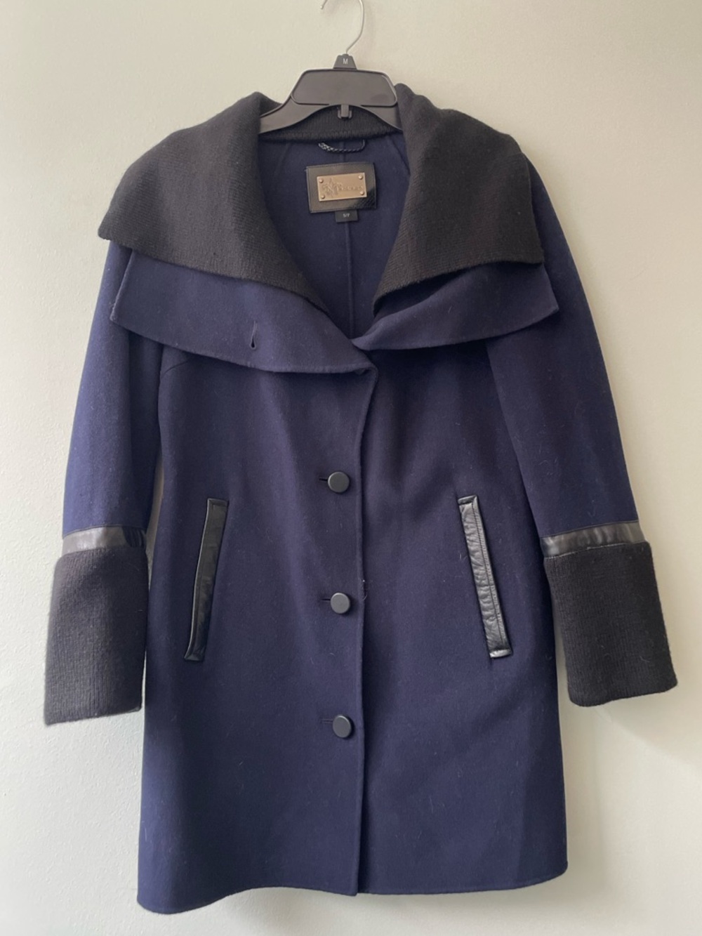 NWOT! Mackage Isabel Blue & Black Wool Pea Coat/Jacket Ribbed Collar Small